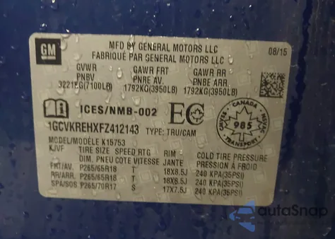 2015 Chevrolet Silverado 1500 1Lt/2Lt из США, поврежденный, VIN 1GCVKREHXFZ412143